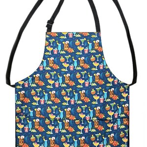 May include: A blue apron with a tropical cocktail print. The apron has two pockets and adjustable straps.