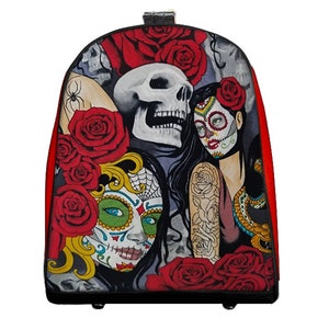 US HANDMADE Mini Backpack Style Adjustable Handle with "NOCTURNA" Shiny Red Pattern  Purse Handbag, Cotton Fabric