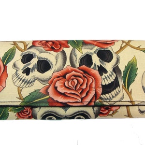Cartera Calaveras Rosas Rosas Tatuajes Esqueleto Hecho a mano Biege Color algodón Tela, nuevo, raro
