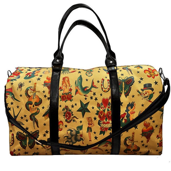 US HANDMADE Handbag Large Duffle Bag Satchel Style " SKULLS Tattoo 101" Pattern Bag Purse, New