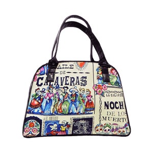 US HANDMADE Handbag Large Bowler Bag Satchel Style avec « Baile De CALAVERAS » Noir Chatoyant Brillant Motif Motif Sac Sac à Main, Nouveau