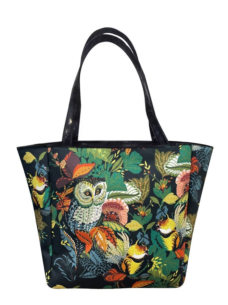 Handmade Cotton Tote Bag: "Harvest Owl" Pattern Travel Shoulder Bag