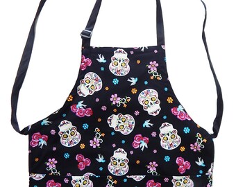 USA Handmande Apron With "Shiny Sugar Skulls"  Pattern, Cotton, Reversible Apron, "2 APRONS IN 1",Cotton,  New