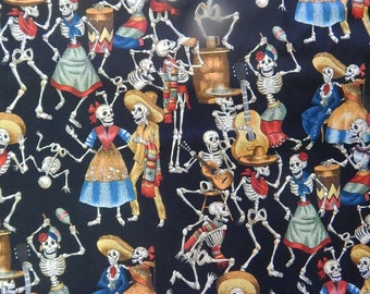 Fiesta De Los Muetros Day of the Dead Halloween Gothic Pattern Fabric, Black Color, Cotton Fabric  , 18 by 44 inches , New, Rare