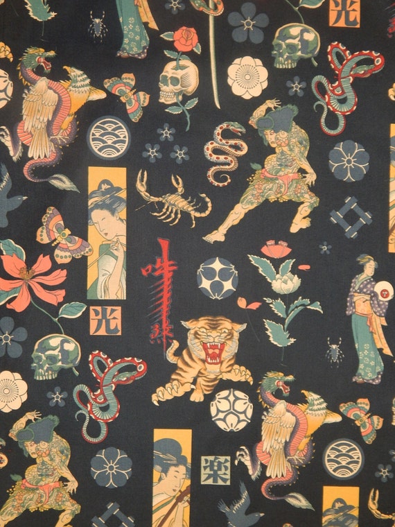 Zen Tattoo Halloween Gothic Pattern Fabric Black Color Cotton Fabric 18 X 44 12 Yard New Rare