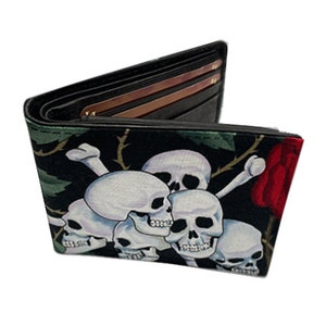 US HANDMADE Bi-Fold Unisex Wallet con "Skull Red Roses" Patrón Tela de algodón, Raro, Nuevo