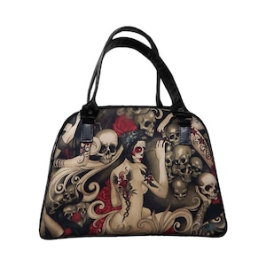 US HANDMADE Handbag Large Bowler Bag Satchel Style  with "VINTAGE Las Elegantes" Shiny Black Side  Pattern Bag, Purse, New