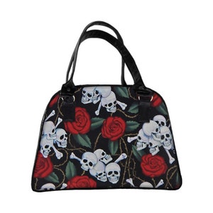 US HANDMADE Handbag Medium Bowler Bag Satchel Style avec « SKULL Red Roses » Shiny Red Side Pattern Bag Purse, Nouveau