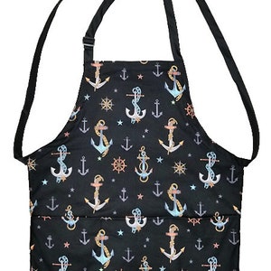 Handmade Reversible Apron: Anchored Black Cotton, 3 Pockets