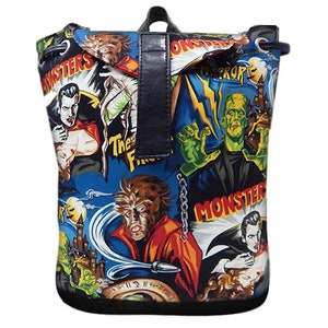 US HANDMADE Large Backpack Style Adjustable Handle with "Frankenstein Monsters " Gothic Pattern Purse Handbag, Cotton Fabric