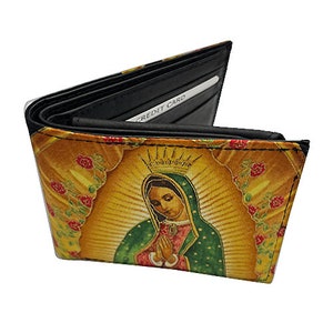 US HANDMADE Bi-Fold Unisex Wallet con "Lady of Guadalupe 105" Patrón Tela de algodón, Raro, Nuevo