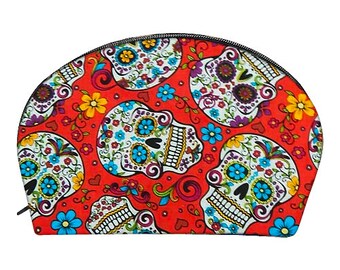 US Handmade Make-Up Bag with "FOLKLORIC Sugar Skulls Red" Pattern Cosmetic Bag, Clutch Purse, Pouch, New