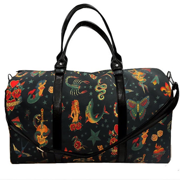 US HANDMADE Handbag Large Duffle Bag Satchel Style " SKULLS Tattoo 102" Pattern Bag Purse, New