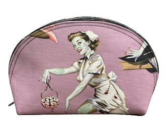 US Handmade Make-Up Bag with "BEAUTIES BRAINS Pink" Pattern Cosmetic Bag, Clutch Purse, Pouch, New