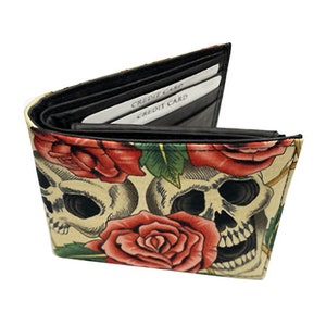 US HANDMADE Bi-Fold Unisex Wallet with "Skull Rose Tattoo" Pattern  Cotton Fabric, Rare, New