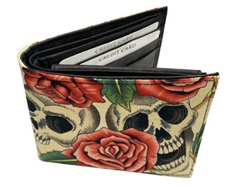US HANDMADE Bi-Fold Unisex Wallet with "Skull Rose Tattoo" Pattern  Cotton Fabric, Rare, New