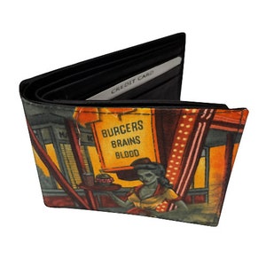 Cartera unisex de doble pliegue hecha a mano en EE. UU. con tela de algodón con patrón "ZOMBIE Drive in", raro, nuevo