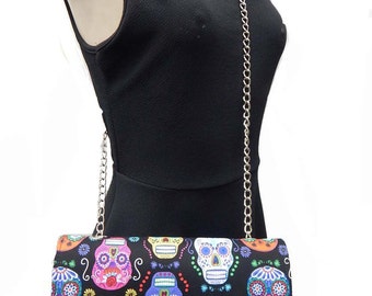 USA Handmde Shoulder bag with " De Colores Sugar Skulls" Pattern Clutch Bag with CHAIN-STRAP, Cotton, New