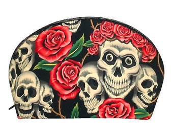 US Handmade Make-Up Bag with "SKULL PINK Rose Tattoo" Pattern Cosmetic Bag, Clutch Purse, Pouch, New