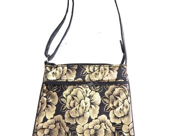 US Handmade Cross Overbody Bag With "Shiny Gold FLOWERS" Pattern Shoulder Bag Purse, New