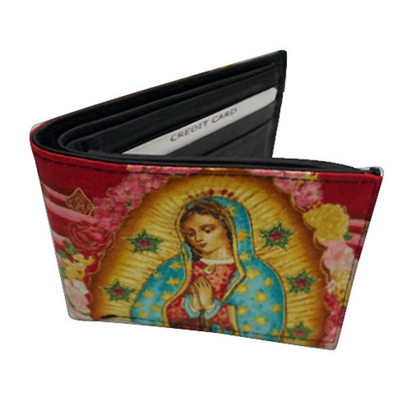 US HANDMADE Bi-Fold Unisex Wallet with "Lady of Guadalupe 105 Red" Pattern  Cotton Fabric, Rare, New