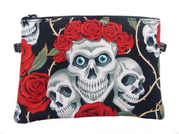 Skulls and Roses Cotton Crossbody Bag - Gothic Shoulder Bag 