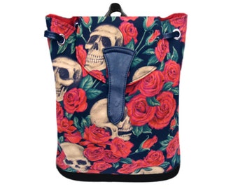 US HANDMADE Large Backpack Style Adjustable Handle with "Resting in  Red Roses" Halloween Gothic Pattern Purse Handbag, Cotton Fabric