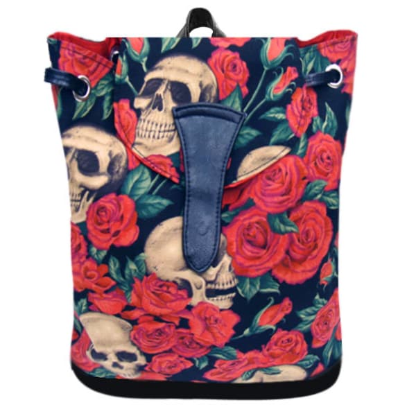 Mochila grande, feita à mão nos EUA, com alça ajustável e estampa gótica de Halloween "Repousando em rosas vermelhas", em tecido de algodão.