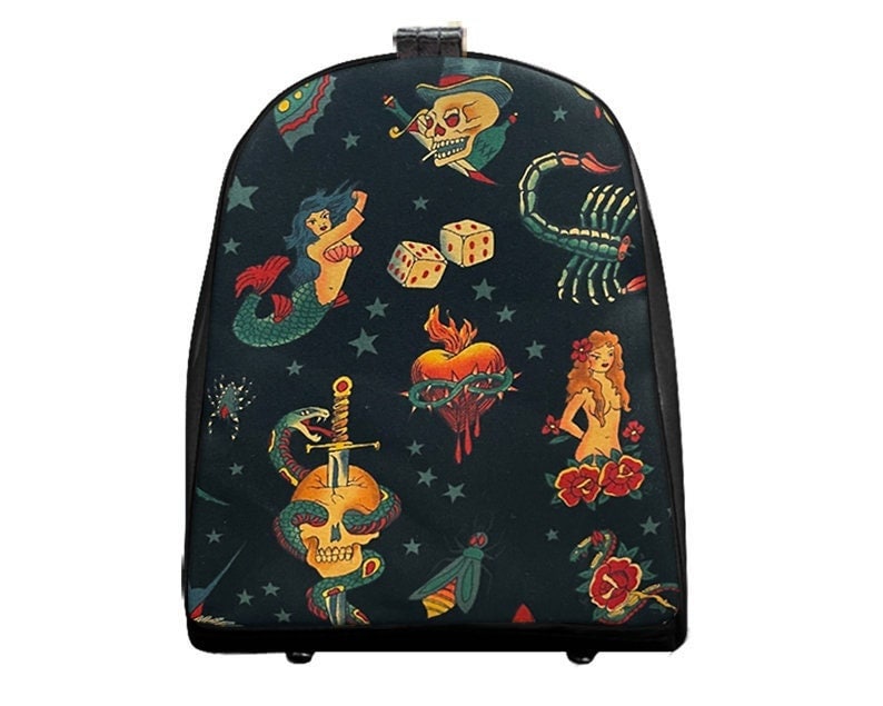 US Handmade Mini Backpack: Skulls Tattoo Print Cotton Handbag