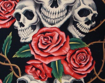 Skulls PINK Roses Halloween Pattern Fabric, Cotton Fabric , 18" X 44", 1/2 Yard, Black Color, New, Rare