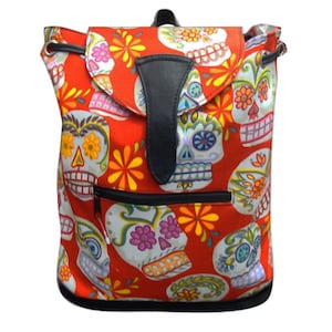 US HANDMADE Großer Rucksack Style Verstellbarer Henkel mit &quot;Sugar Skulls Red&quot; Rockabilly Gothic Muster Handtasche, Baumwollstoff