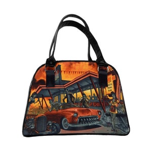 Sac à main américain fait à la main Grand sac melon Style cartable avec « ZOMBIES Drive-In » Noir Chatoyant Tissu Brillant Motif Sac à main, Nouveau