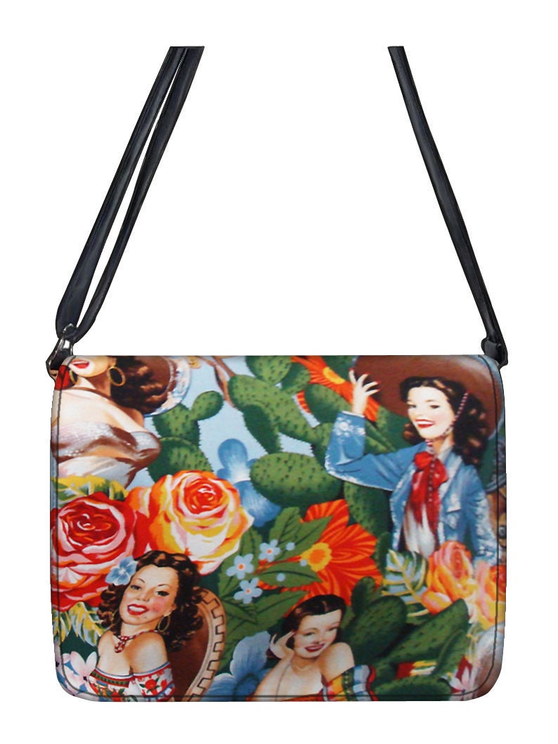 US Handmade Handbag Large Laptop Case Shoulder Bag Style with Senorita Pin Up Calendar Girls Fabric Shoulder Bag with Adjustable Handle image 1