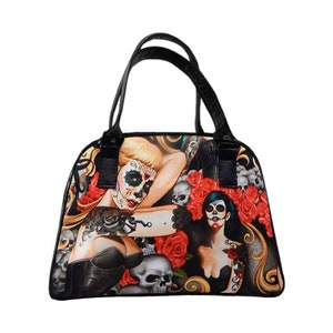 US HANDMADE Handbag Large Bowler Bag Satchel Style  with &quot;Las ELEGANTES&quot; Shiny Black Side  Pattern Bag, Purse, New