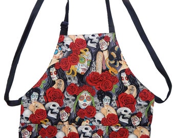 US Handmade Apron With "Pin Up Sugar Skulls " Pattern, Cotton, Reversible Apron, "2 APRONS IN 1", New