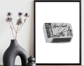 New York Art matchbox print/wall print retro design, vintage black and white digital download
