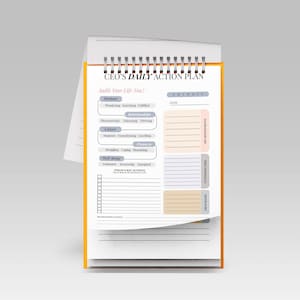 May include: A yellow and white daily action plan planner with the title "CEO's Daily Action Plan" and the text "Audit Your Life Now!" The planner has sections for purpose, relationships, career, finances, well-being, and today's key actions.