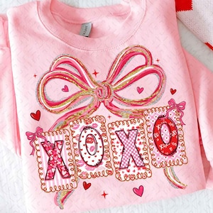 XOXO Valentine PNG, roze strik xoxo-letters PNG, schattige harten patroon sublimatie, Valentijnsdag clipart, liefde decor digitale download