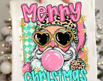 Merry christmas png, Glitter christmas png, Retro christmas png, santa bubblegum png, preppy christmas png, pink christmas png, sublimation