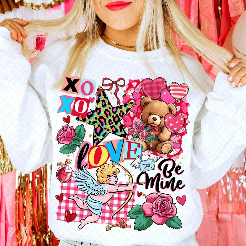 Retro Valentine-collage png, geruite coquette Valentine-shirtontwerp, preppy bloemenluipaardsublimatie, XoXo Be Mine digitale download afbeelding 2