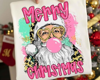Merry christmas png, Glitter christmas png, Retro christmas png, santa bubblegum png, preppy christmas png, pink christmas png, sublimation