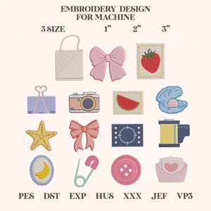 May include: An embroidery design sheet featuring various machine embroidery designs. Designs include a handbag, bow, strawberry stamp, camera, watermelon stamp, seashell, starfish, film reel, banana, safety pin, button, and envelope. The text "EMBROIDERY DESIGN FOR MACHINE" is at the top.