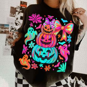 Preppy Neon Halloween Pumpkin Ghost PNG, Coquette Halloween Bow png, Fall Bat Ghost PNG, Girly Spooky Pumpkin Sublimation, Cute Halloween