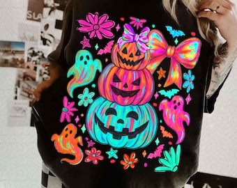 Preppy Neon Halloween Pumpkin Ghost PNG, Coquette Halloween Bow png, Fall Bat Ghost PNG, Girly Spooky Pumpkin Sublimation, Cute Halloween