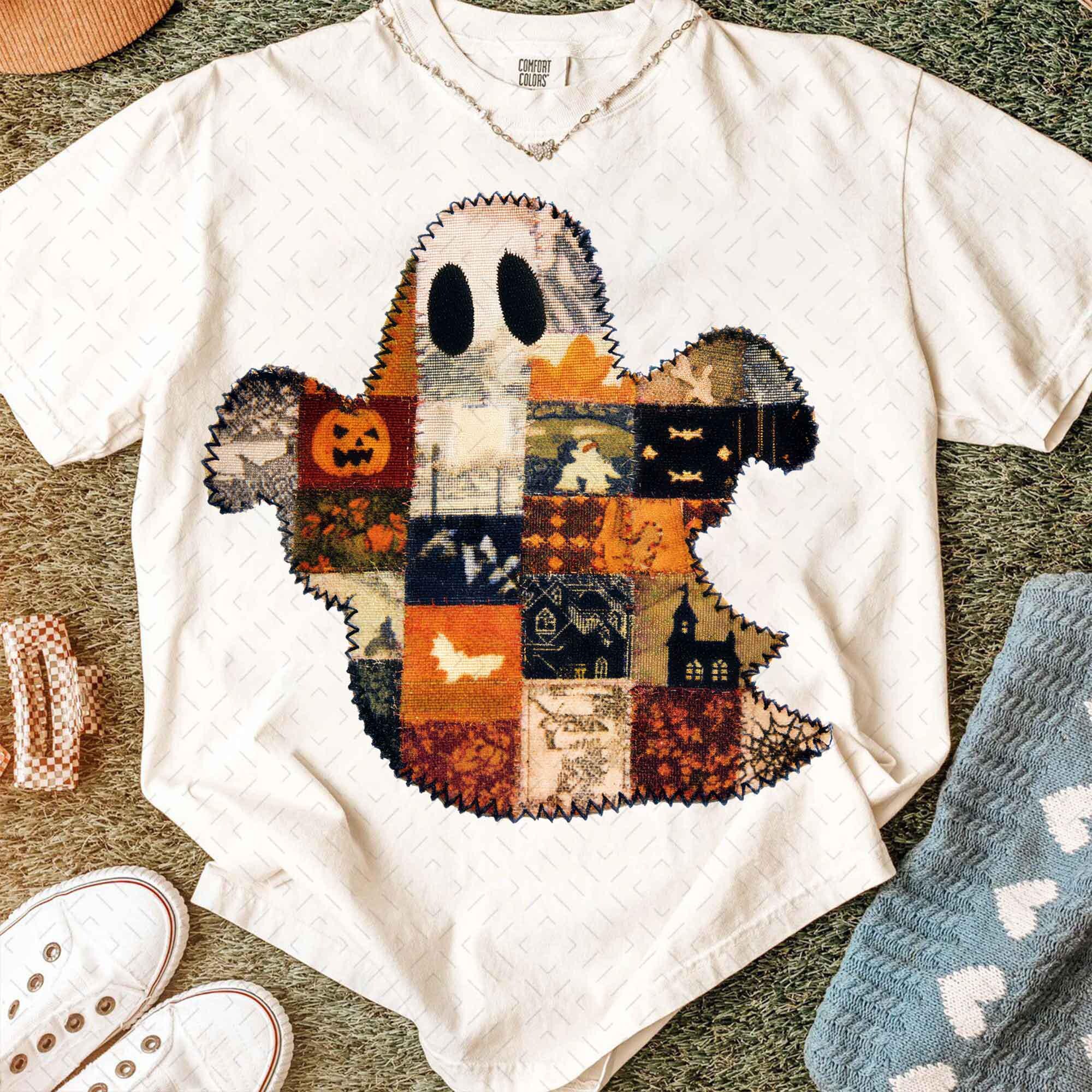 Patchwork Ghost Pattern Patchwork Ghost PNG, Halloween Vintage Quilt Ghost Sublimation, Cozy ...