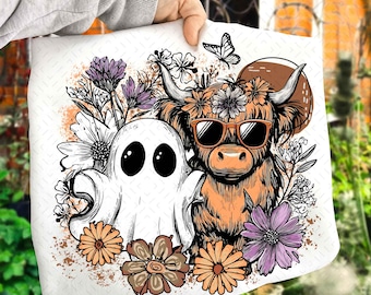 Bloemen herfst Highland Cow Ghost png, boho pompoen coquette png, vintage halloween shirt design, retro herfstbloemen png, spookachtig seizoen png