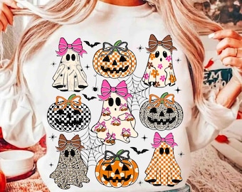 Coquette Leopard Pumpkin Ghost PNG, Retro Halloween Girly Ghost Sublimation, Retro Checkered Ghosts Pumpkin Cherries PNG, Cute Spooky Fall