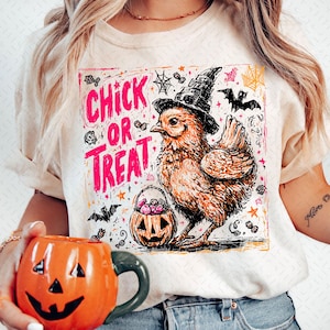 Chick or Treat PNG, Cute Halloween Chicken png, Funny Fall Chicken Costume Candy Bucket png, Spooky Season Sublimation Kids Shirt png