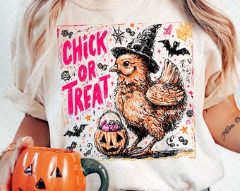 Chick or Treat PNG, Cute Halloween Chicken png, Funny Fall Chicken Costume Candy Bucket png, Spooky Season Sublimation Kids Shirt png