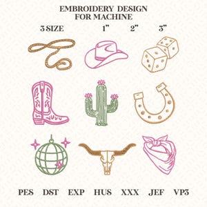 Op de afbeelding: Een borduurontwerpvel voor machinestikken met Western-thema motieven. Ontwerpen omvatten een touw, cowboyhoed, dobbelstenen, cowboylaars, cactus, hoefijzer, discobal, stierschedel en bandana. Maten: 2.5 cm, 5 cm en 7.6 cm.